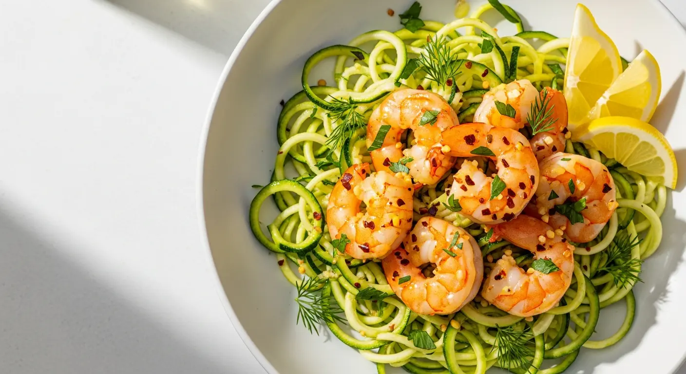 Zesty Garlic Lemon Shrimp Served on Fresh Zucchini Noodles