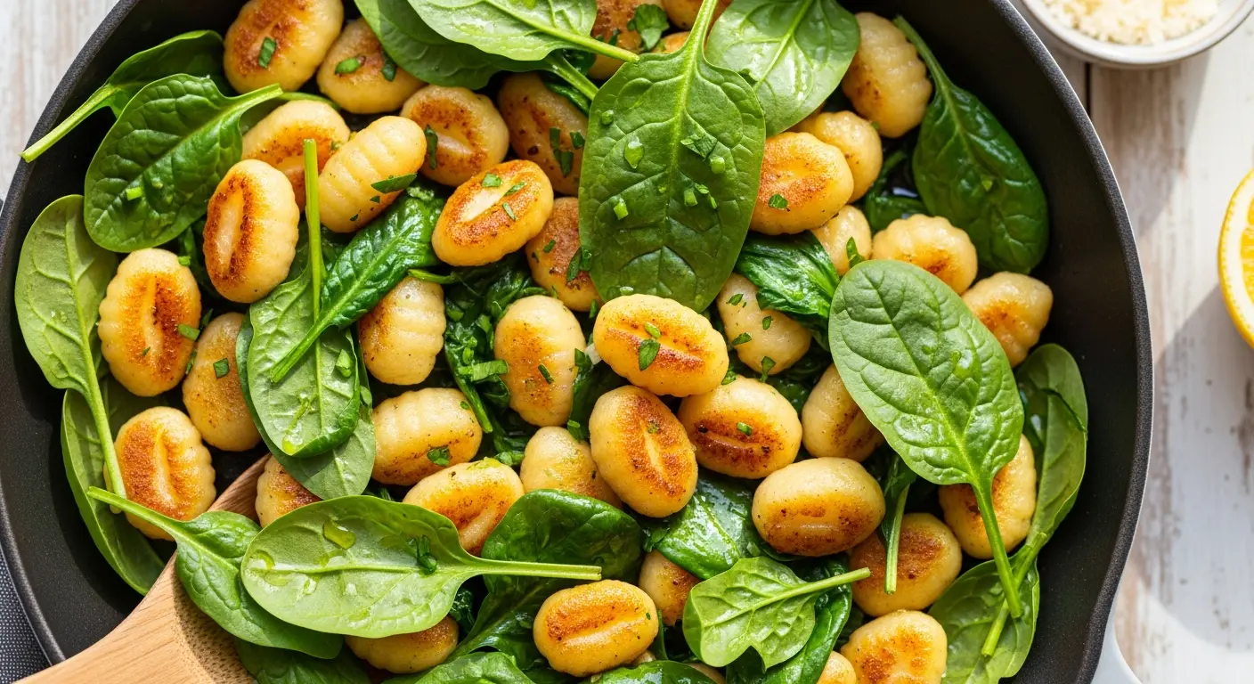 Golden Pan-Fried Gnocchi with Vibrant Spinach Delight