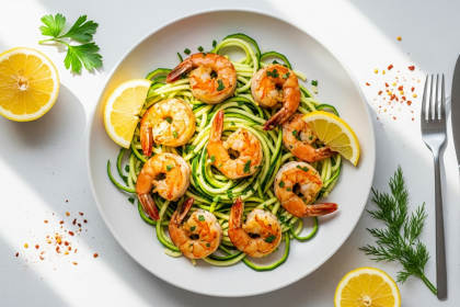 Garlic Lemon Shrimp Served on Fresh Zucchini Noodles