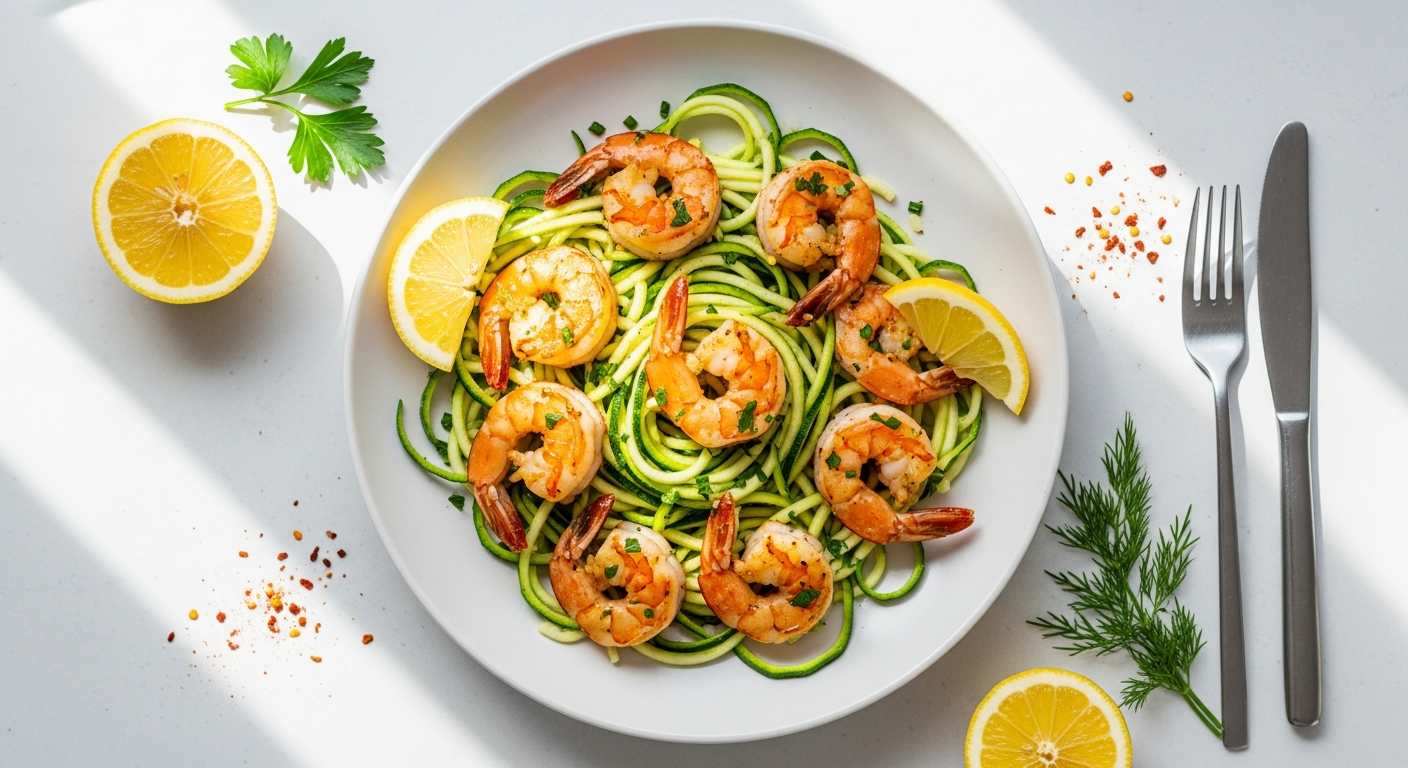 Garlic Lemon Shrimp Served on Fresh Zucchini Noodles